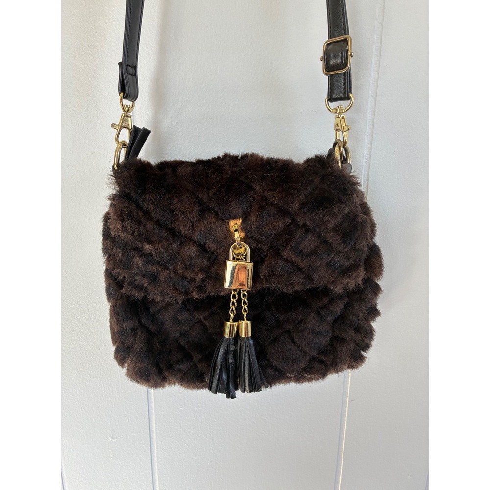 Bueno Dark Brown Quilted Faux‎ Fur Crossbody Bag Gold Padlock Tassel Accent